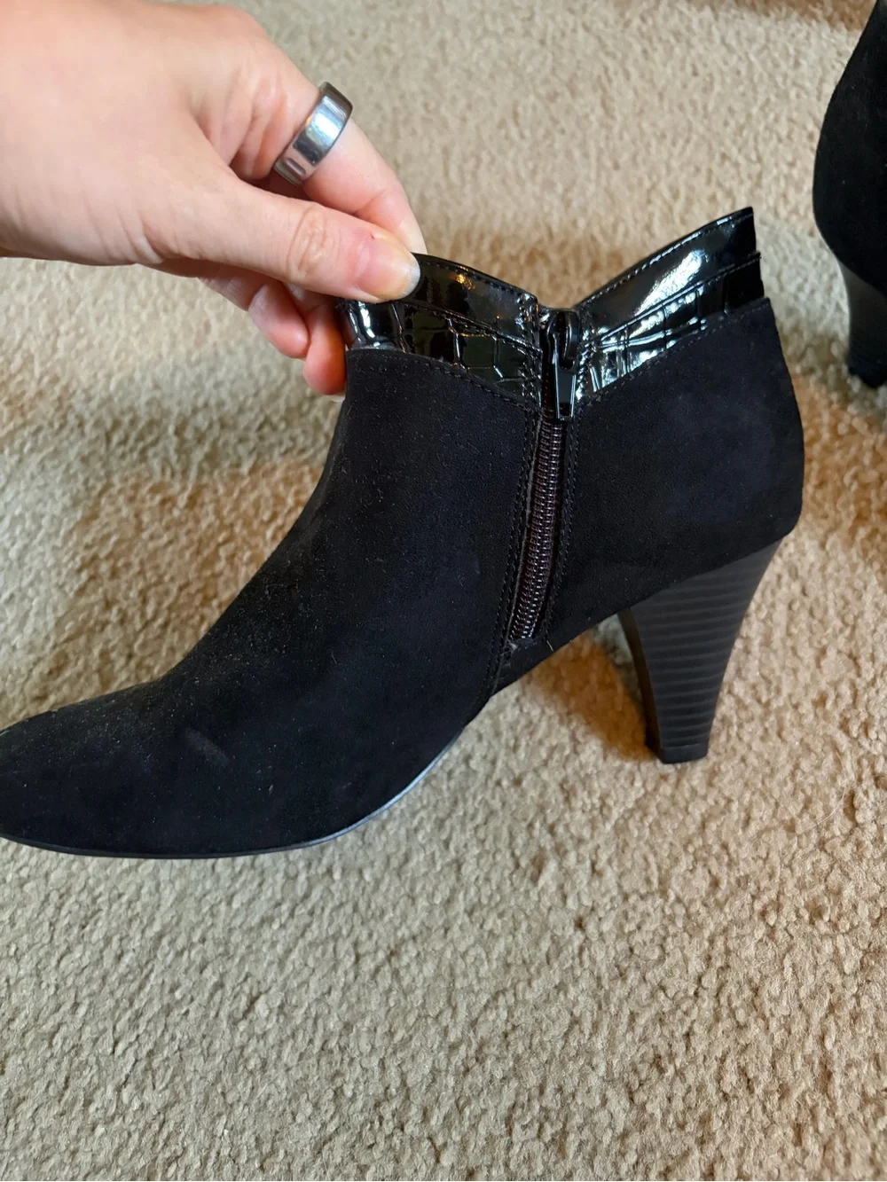 Women's Black Suede Ankle Booties with Patent Trim